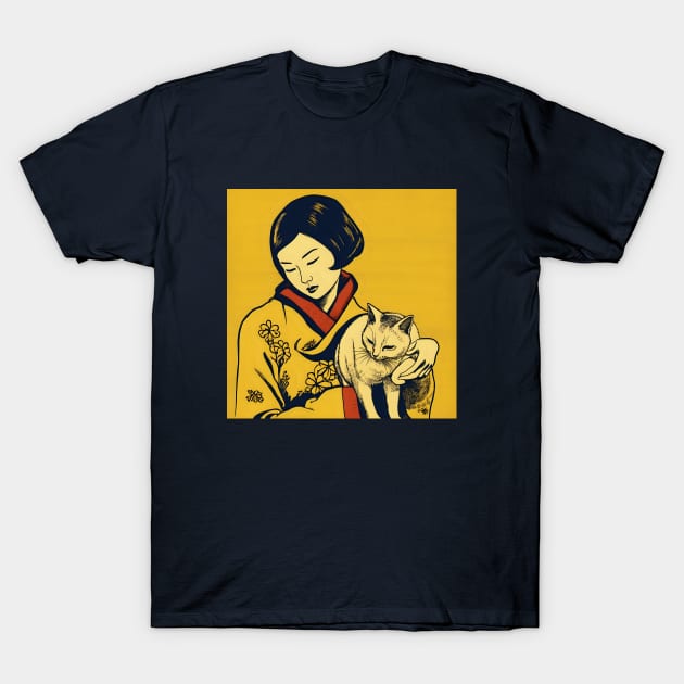 Asian Relaxed Woman with Cat T-Shirt by KOTYA